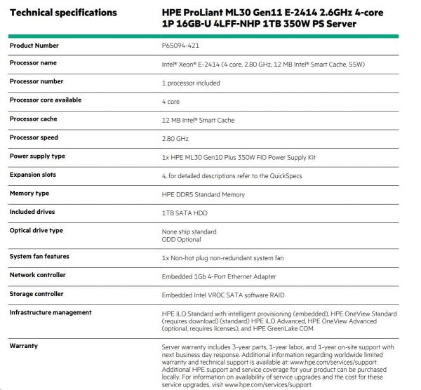 HPE PL ML30g11 E-2414 (2.6G/4C8T) 16G (P64336) 1TB SATA 4LFF NHP VROC 350Wn5