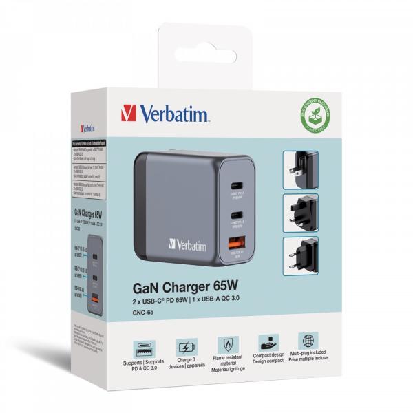 VERBATIM GaN Nabíječka do sítě GNC-65,  65W,  2x USB-C,  1x USB5