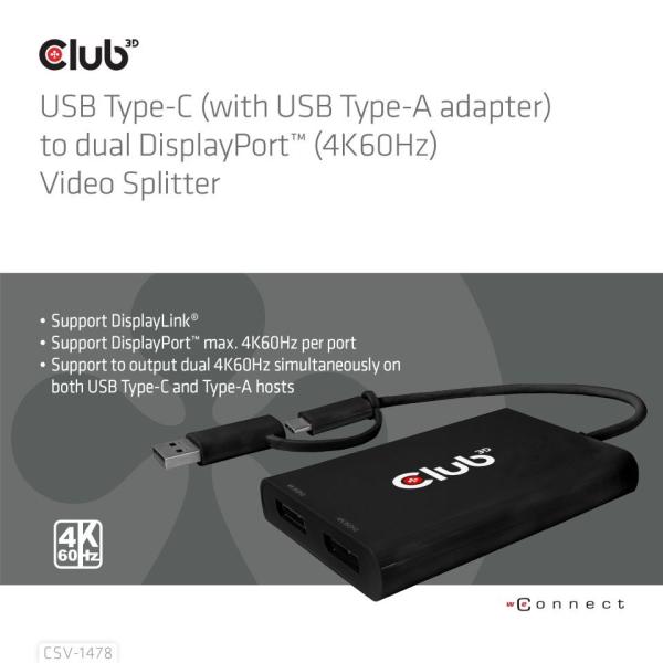 Club3D Video rozbočovač MST USB-C (USB-A adaptér) na 2xDP 4K60Hz Video splitter1