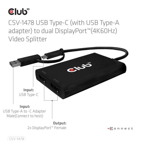 Club3D Video rozbočovač MST USB-C (USB-A adaptér) na 2xDP 4K60Hz Video splitter2