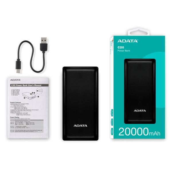 ADATA PowerBank C20,  20000mAh,  3.7A,  černá (74Wh)5