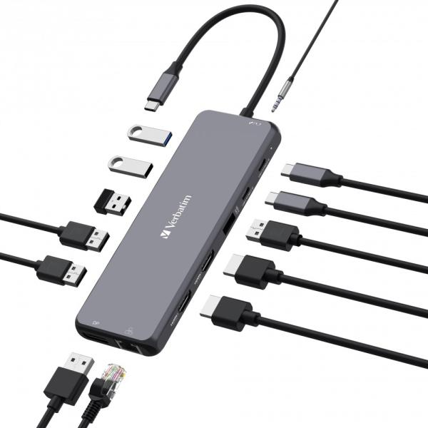 VERBATIM Hub USB-C Pro Multiport 13 Port,  6x USB-A,  2x USB-C,  2x HDMI,  DP,  RJ45,  3.5mm Jack audio,  šedá1