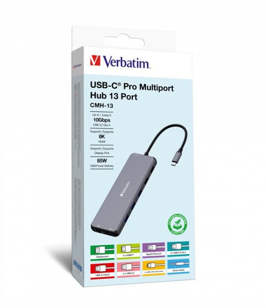 VERBATIM Hub USB-C Pro Multiport 13 Port,  6x USB-A,  2x USB-C,  2x HDMI,  DP,  RJ45,  3.5mm Jack audio,  šedá3
