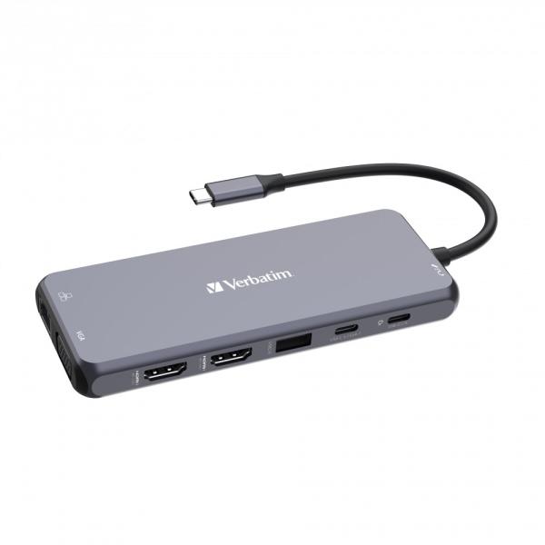 VERBATIM Hub USB-C Pro Multiport 14 Port,  5x USB-A,  2x USB-C,  2x HDMI,  1xVGA,  RJ45,  3.5mm Jack audio,  microSD/ SD,  šedá