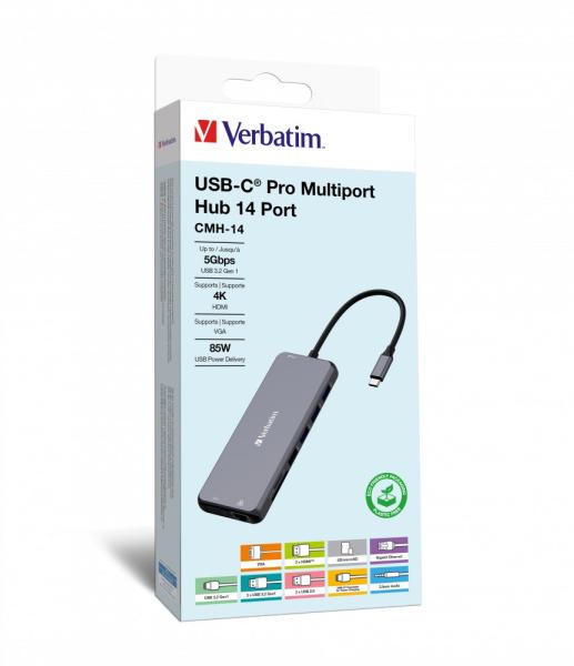 VERBATIM Hub USB-C Pro Multiport 14 Port,  5x USB-A,  2x USB-C,  2x HDMI,  1xVGA,  RJ45,  3.5mm Jack audio,  microSD/ SD,  šedá3