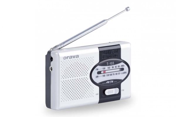Orava T-103 přenosné kapesní rádio AM/ FM,  výstup na sluchátka,  teleskopická anténa,  stříbrná
