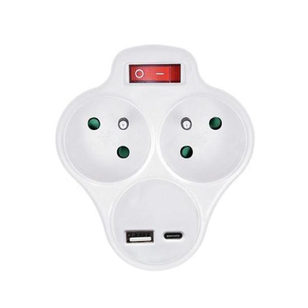 Solight rozbočka s USB A+C nabíječkou,  2 x 10A,  bílá,  vypínač2