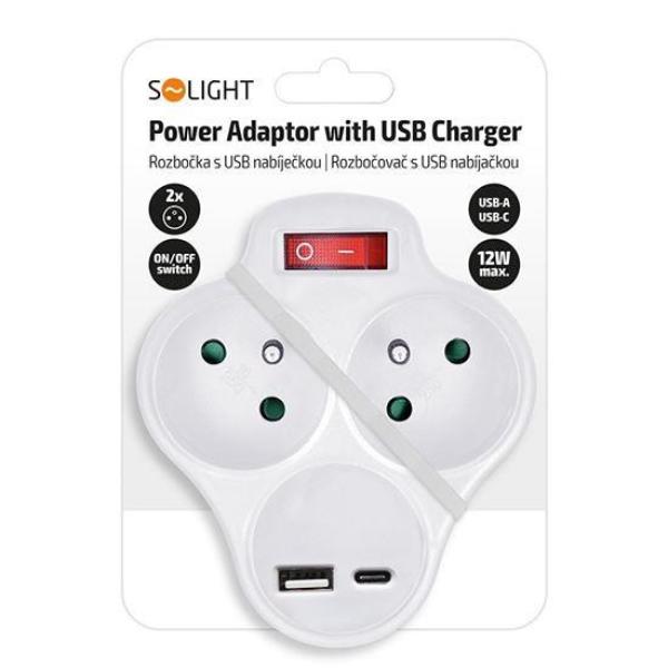 Solight rozbočka s USB A+C nabíječkou,  2 x 10A,  bílá,  vypínač3