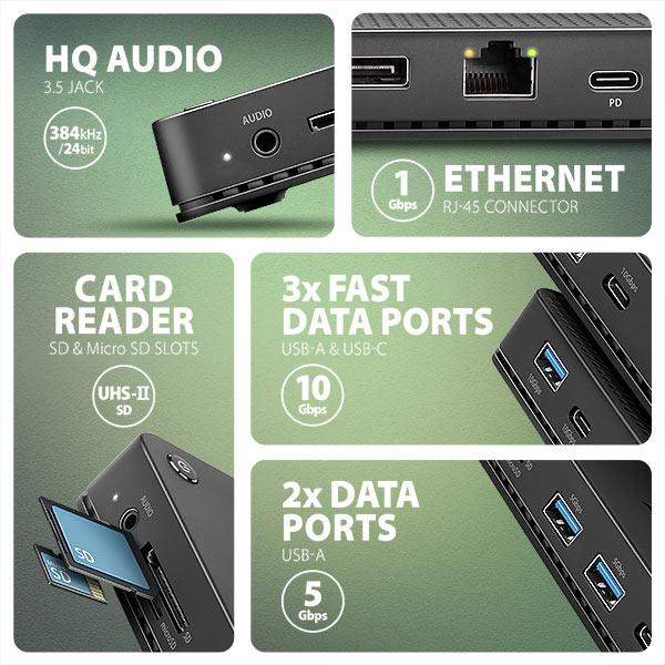 AXAGON HMC-U4,  USB4 40Gbps dock,  3x USB-A,  2x USB-C,  HDMI a DP 8K/ 30Hz,  RJ-45,  SD/ mSD,  audio,  PD 100W,  kábel USB-C 80cm2