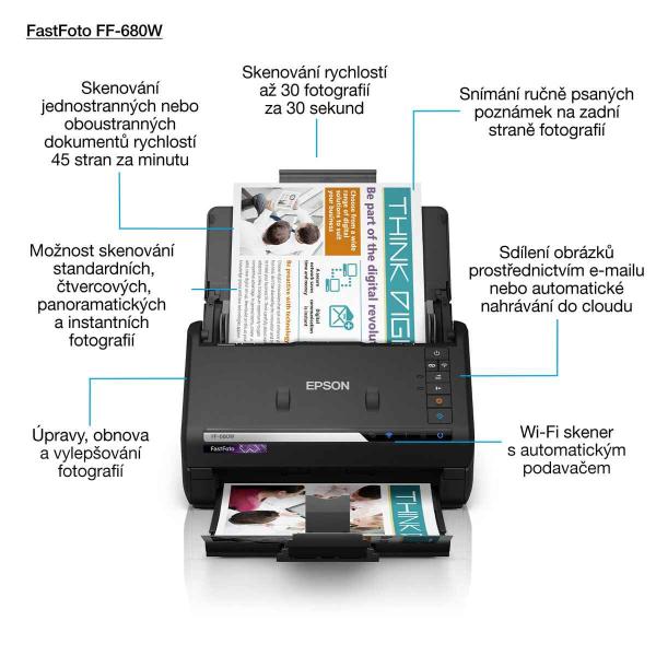 Skener EPSONFastFoto FF-680W,  A4,  600x600 dpi,  24 bitov farebnej hĺbky,  USB 3.0,  Bezdrôtová sieť LAN3