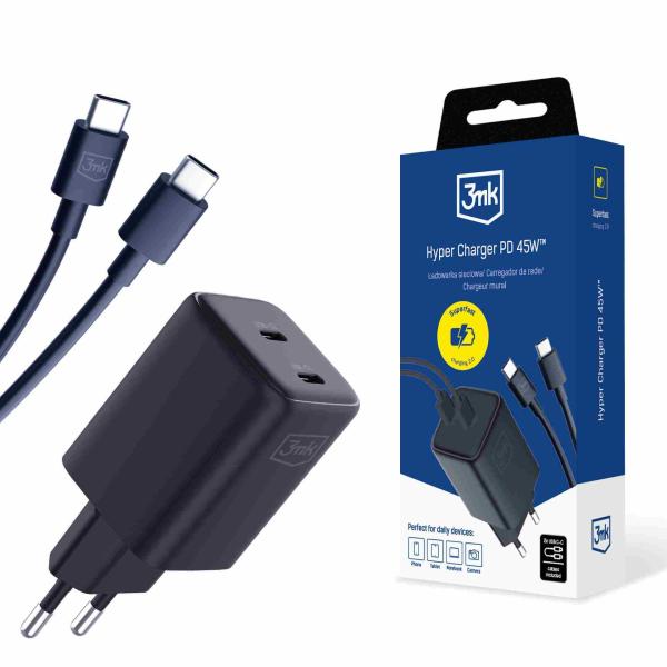 3mk Hyper Charger PD 45W+USB Cable C to C Black