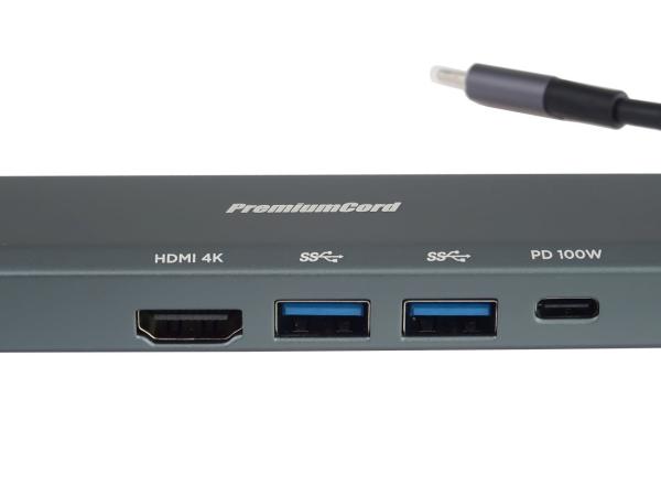 PREMIUMCORD Adaptér USB-C na Gigabit 10/ 100/ 1000Mbps + 1x HDMI,   2x USB3.2,  1x PD 100W konektor,  Šedá1