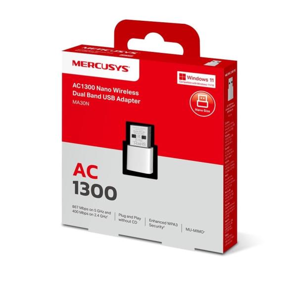 MERCUSYS MA30N WiFi5 USB nano adapter (AC1300, 2, 4GHz/ 5GHz, USB2.0)1