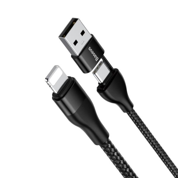 BAZAR - Baseus nabíjecí /  datový kabel 2v1 USB-A + USB-C na Lightning 18W 1m,  černá - Po opravě (Náhradní krabice)