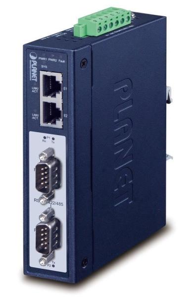 PLANET IMG-2200T Průmyslová brána, MODBUS, 2x RS-232 422 485 na IP, 2x RJ-45 10 100Base-TX, -40 až +75°C, DC12-48V, IP30