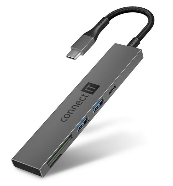 CONNECT IT USB-C hub, 2x USB-A, 1x USB-C, 1x SD karta, 1x MicroSD karta, šedá