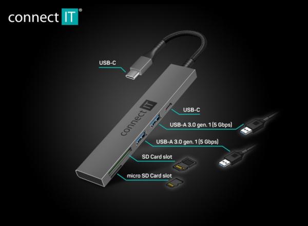 CONNECT IT USB-C hub, 2x USB-A, 1x USB-C, 1x SD karta, 1x MicroSD karta, šedá3