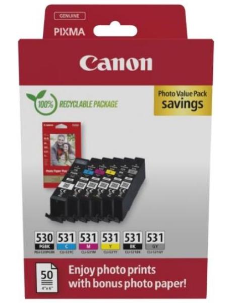 Canon Cartridge PGI-530 CLI-531 PGBK C M Y BK GY + Canon PAPÍR GP-501 4X6 50