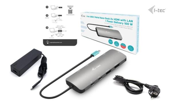 i-tec USB-C Metal Nano 2x HDMI Docking Station,  PD 100W + Charger 100W (bundle)5