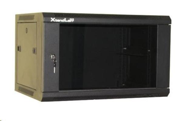 XtendLan 19" nástěnný rozvaděč 9U 600x450, nosnost 60 kg, skleněné kouřové dveře, svařovaný, černý - malá odřenina