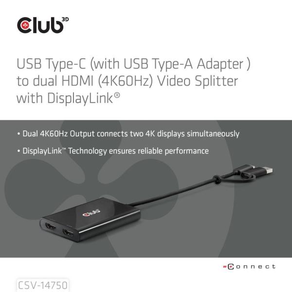 Club3D Video rozbočovač USB-C/A na 2xHDMI 2.0, Dual Monitor, 4K60Hz (M/F)1