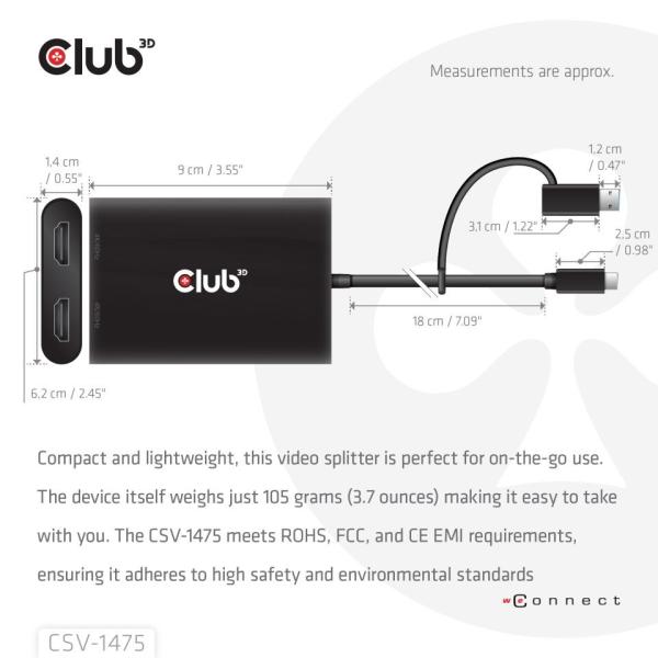 Club3D Video rozbočovač USB-C/A na 2xHDMI 2.0, Dual Monitor, 4K60Hz (M/F)2