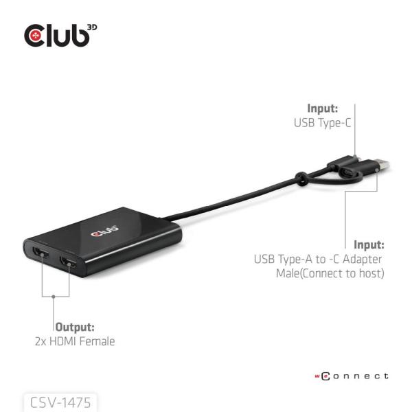 Club3D Video rozbočovač USB-C/A na 2xHDMI 2.0, Dual Monitor, 4K60Hz (M/F)3