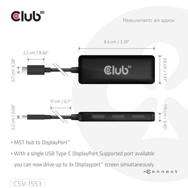 Club3D hub MST USB-C na 3xDisplayPort, Single: 8K30Hz, Triple: 4K60Hz1