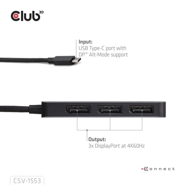 Club3D hub MST USB-C na 3xDisplayPort, Single: 8K30Hz, Triple: 4K60Hz2