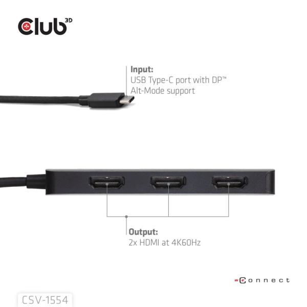 Club3D hub MST USB-C na 3xHDMI, Single: 8K30Hz, Triple: 4K60Hz2