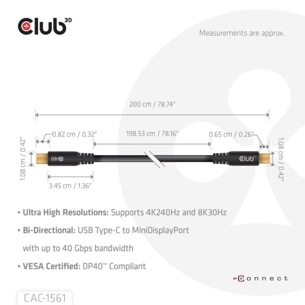 Club3D Kabel USB-C na MiniDisplayPort 2.1, 8K30Hz, DSC1.2, UHBR10, 2m2