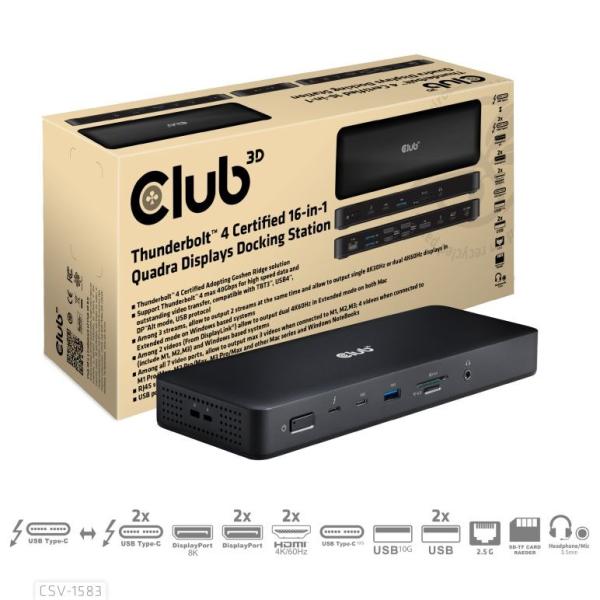 Club3D Dokovací stanice 16v1 ThunderBolt 4,  (2xThunderbolt,  3xDP,  2xHDMI,  3xUSB,  RJ45,  SD-TF Karta,  1xUSB-C,  150W PD)