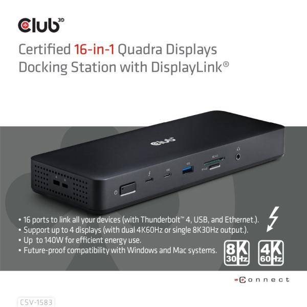 Club3D Dokovací stanice 16v1 ThunderBolt 4, (2xThunderbolt, 3xDP, 2xHDMI, 3xUSB, RJ45, SD-TF Karta, 1xUSB-C, 150W PD)1