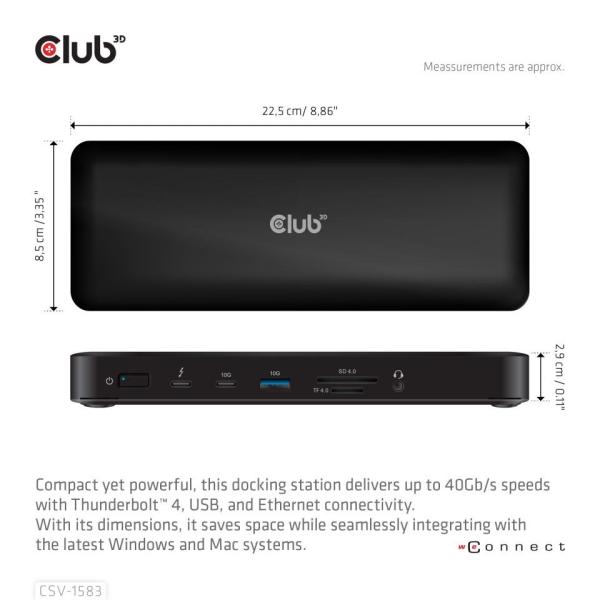 Club3D Dokovací stanice 16v1 ThunderBolt 4, (2xThunderbolt, 3xDP, 2xHDMI, 3xUSB, RJ45, SD-TF Karta, 1xUSB-C, 150W PD)2