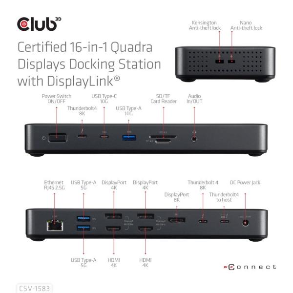 Club3D Dokovací stanice 16v1 ThunderBolt 4, (2xThunderbolt, 3xDP, 2xHDMI, 3xUSB, RJ45, SD-TF Karta, 1xUSB-C, 150W PD)3