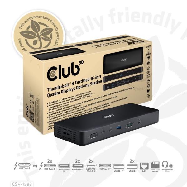 Club3D Dokovací stanice 16v1 ThunderBolt 4, (2xThunderbolt, 3xDP, 2xHDMI, 3xUSB, RJ45, SD-TF Karta, 1xUSB-C, 150W PD)6