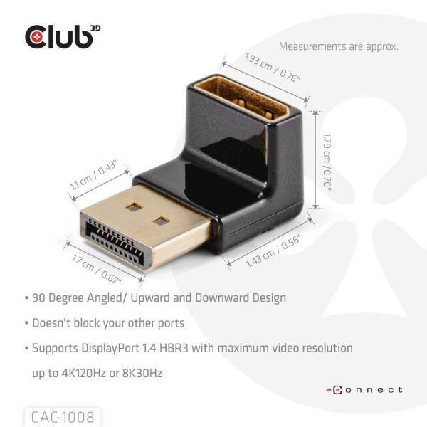 Club3D Adaptér DisplayPort na DisplayPort 1.4, 4K120Hz, 8K30Hz, 90°2