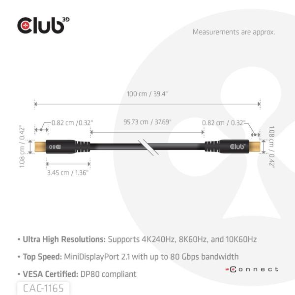 Club3D Kabel MiniDisplayPort 2.1 Certifikovaný, 10K60Hz, DSC1.2, UHBR10, 1m2