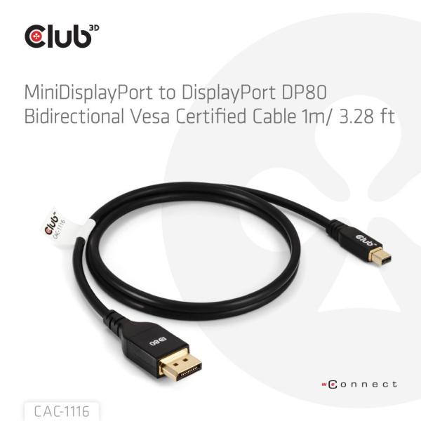 Club3D Kabel MiniDisplayPort na DisplayPort 2.1 Certifikovaný, Oboustranný, 10K60Hz, DSC1.2, UHBR10, 1m1