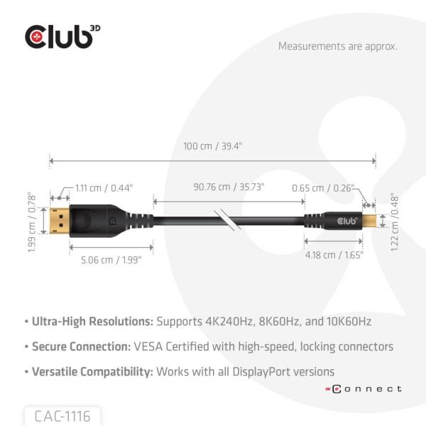 Club3D Kabel MiniDisplayPort na DisplayPort 2.1 Certifikovaný, Oboustranný, 10K60Hz, DSC1.2, UHBR10, 1m2