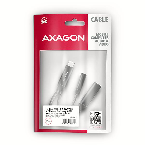 AXAGON ADA-HCPD,  USB-C na 3.5mm jack - Hi-Res DAC audio adaptér,  384kHz/ 32bit,  stereo,  PD 60W 3A9