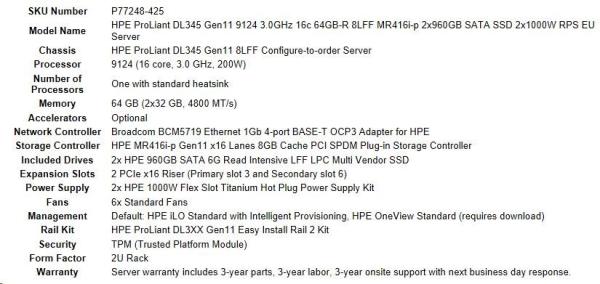 HPE PL DL345g11 AMD Epyc 9124 (3.0G/ 16C) 2x32G (p50311) 2x960G RI (P47808) 2x1000W MR416i-p 8LFF 4p1G Smart Choice6