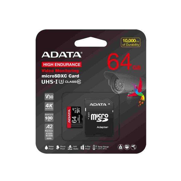 ADATA MicroSDXC karta 64GB High Endurance UHS-I C10 V30 A2 (R:100 W:80 MB s) + SD adaptér