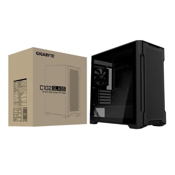 GIGABYTE PC Skříň GB-C102G,  Mid Tower,  2x USB3.0,  Průhledná bočnice,  2x 120mm Fan,  černá7