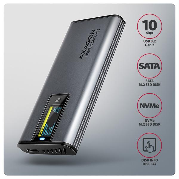 AXAGON EEM2-SD2,  USB-C 10Gbps externý box s displejom pre M.2 NVMe/ SATA SSD,  bezskrutkový,  strieborný1