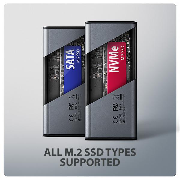 AXAGON EEM2-SD2,  USB-C 10Gbps externý box s displejom pre M.2 NVMe/ SATA SSD,  bezskrutkový,  strieborný4
