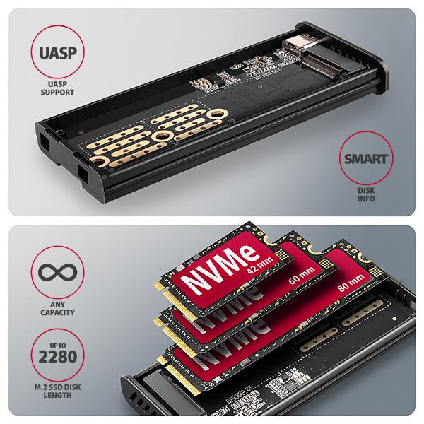 AXAGON EEM2-SD2,  USB-C 10Gbps externý box s displejom pre M.2 NVMe/ SATA SSD,  bezskrutkový,  strieborný8