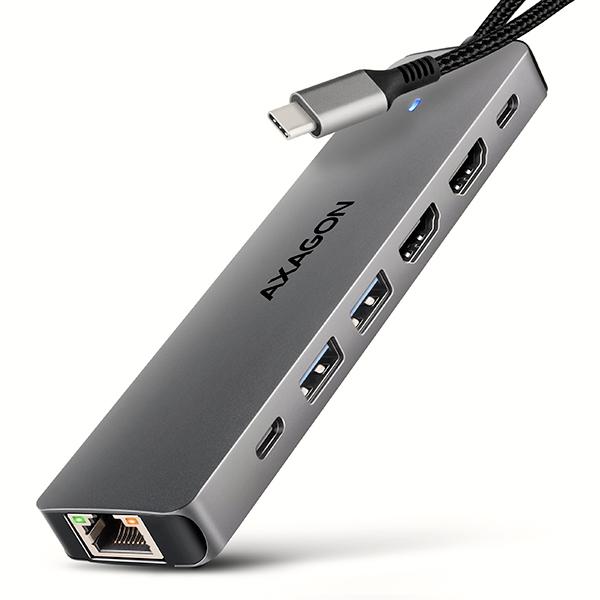 AXAGON HMC-7HX2, USB 5Gbps hub, 2x USB-A, USB-C, 2x HDMI 4k/ 60Hz, RJ-45 GLAN, PD 100W, kábel 15cm