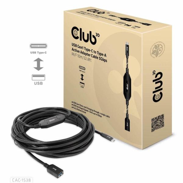 BAZAR - Club3D Kabel USB-C na USB-A,  Aktivní adaptér/ kabel,  5 Gbps (M/ F),  10m - Rozbaleno (Komplet)