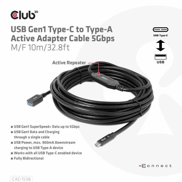 BAZAR - Club3D Kabel USB-C na USB-A,  Aktivní adaptér/ kabel,  5 Gbps (M/ F),  10m - Rozbaleno (Komplet)3